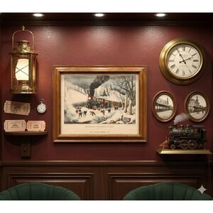 1941 Vintage 16x12 Snow Bound American Railroad Scene Currier And Ives Print